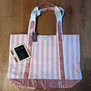 Victoria's Secret NWT pink&white striped canvas bag pink metallic snakeskin trim